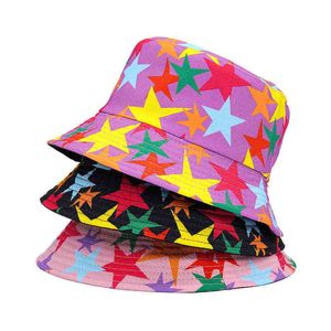 Stingy Brim Hats Cotton Star Print Bucket Women Men Fisherman Outdoor Travel Sun Cap 220330