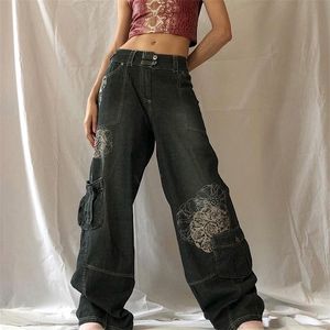 Retro grafisk print y2k baggy jeans kvinnor grunge byxor hög midja last denim byxor streetwear casual lösa sweatpants 220402
