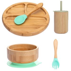 BOPOOBO 5PCS Conjunto infantil S Tableware Baby Bowl Plate Fork Spoon Copo Feeding Food Bamboo BPA Free Non Slip 220708