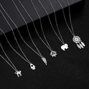 Stainless Steel Cat Lotus Dream Charm Catcher Women Necklace Thin Angel Wings Elephant Pendant Chain Girls Couple Jewelry Gift