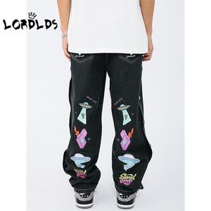 Lordlds män svarta denim byxor mode byxor överdimensionerade lösa stil breda ben last jeans höga midja streetwear punk kläder 220328