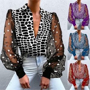 Sexy Blouse Women Lantern Sleeves V-neck Patchwork Shirt Spring Autumn Casual Loose Lace Blouses Leopard-print Ladies Tops 220407