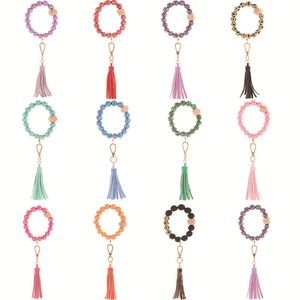 Multiful Nappa Cerchio Portachiavi da polso Portachiavi Braccialetti Gioielli con ciondoli di moda Bracciale floreale con perline di legno stampato leopardo Portachiavi per donna Gir