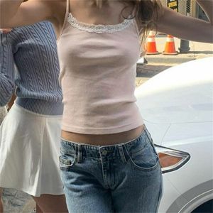 Süße Mädchen Spitze Geripptes Tank Top Frauen Sommer Sexy Ärmellose Baumwolle Weiche Camis Blusen Vintage Casual Crop Chic 220325