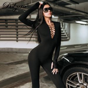 Dulzura Lace Up Cross Women Black Long Sleeve V Neck Jumpsuit With Shoulder Pad Skinny Sexy Streetwear Casual Autumn Winter 220801