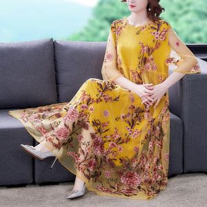 Casual Dresses Summer Embroidery Floral Natural Silk Light Midi Dress Women Korean Fashion Beach Elegant Storlek 5xlcasual