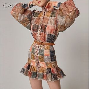 Galcaur Lanttern Sleeve Vintage Ruffle Mini Dress Female Stand Collar Long Sleeves Lace Up Shirt Dresses Women mode Ny T200117