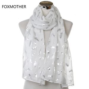 Free Brand Fashionable Wrap Ladies Shiny White Yellow Purple Color Bronzing Foil Silver Feather Scarves For Womens