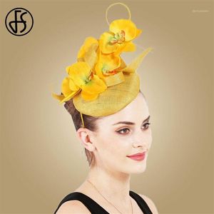Wholesale yellow fascinator hats resale online - FS Yellow Fascinator Hats Wedding Women Elegant Ladies White Bridal Headwear Chapeau Femme Mariage13532