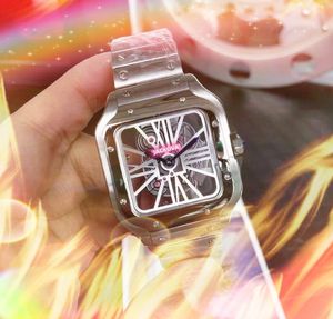 Популярные квадратные полые цифровые часы мужчины 38 мм два Stiches Sapphire Cystal Fine Staine Steel Band Quartz Movement Clock Gold Silver Leisure Производительные часы.