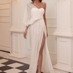 Missord Pailletten-Abendparty-Brautjungfernkleid, einschultriges, bodenlanges Maxi-Hochzeits-Abschlussballkleid mit hohem Schlitz, rückenfrei, für Damen, Weiß, 220510