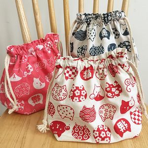 Storage Bags Lunch Bag Pattern Canvas Box Drawstring Picnic Tote Eco Cotton Cloth Small Handbag Dinner Container Food BagsStorage
