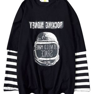 Harajuku kvinnlig t-tröjor Höstkvinnor långärmad T-shirt Casual Brev Printed Patchwork Stripe Top Oversize Black Streetwear 220321