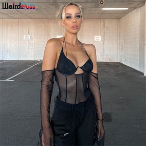 Weird Puss Sexy Mesh Women Long Sleeve T-shirt Backless Y2K Top Halter Off Shoule Chic Patchwork Fashion Club Party Streetwear 220511