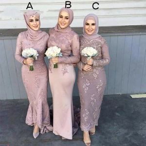 2021 Blush Pink Abiti da damigella d'onore musulmani Sirena Gioiello Collo Caviglia Lunghezza del pavimento Applique in pizzo Plus Size Abito da damigella d'onore su misura Abiti da sposa in spiaggia 401 401