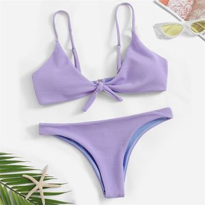 Sexig ribbad baddräkt Kvinnlig Bandeau Bikini Set Solid White Purple Badkläder Kvinnor Simmad Badare Baddräkt Ny 210305