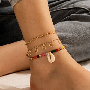 3pcs/sets Charms Colorful Bead Shell Gold Anklets for Women Hollow Geometric Tassel Foot Chain Adjustable Jewelry