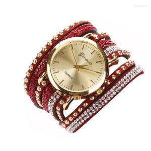 Women Fashion Crystal Rivet flätad armband Titta på läderremkvartsrörelse Analog legering Rostfritt stål Dial #w armbandsur