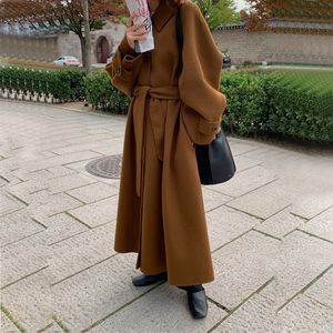 Women Vintage Winter Oversized Long Cashmere Coat Jacket Single Breasted Woolen Overcoat Sashes Cardigan Outerwear 201102