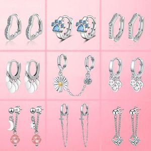 Stud Simple Silver Color Daisy Heart Earring Star And Moon Two Ear Hole Pierce Hoop Earrings Chains For Lady Grils JewelryStud StudStud