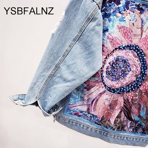 Frauen Denim Jacke feminine Frühling Herbst Boho Pailletten Blumen Applikationen Stickerei Mantel Langarm Oberbekleidung Weibliche Veste femme L220815