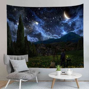 Krajobrazowy dywan wiszący księżyc sztuka ściana dywan van gogh gwiaździsty niebo galaxy hipis boho sypialnia dekoracja ścian Dekorat J220804