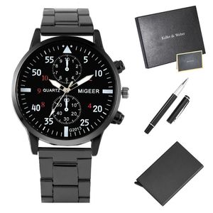 Wristwatches Men's Watch Gift Set Black Luxury Quartz Watches Practical Signature Pen Fashion Man Card Holder Gifts For Husband Dad Boyf