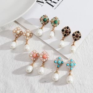 Ciondola lampadario turchese malachite pietra floreale perla orecchini a goccia per le donne Dichiarazione di gioielli di lusso