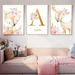 Flowers Poster Nordic Wall Pictures Girl Baby Room Decor Woodland Animal Print Nursery Canvas Painting Custom Name Wall Art Pink 220623