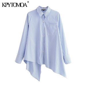 KPYTOMOA Women Fashion Pockets Striped Irregular Blouses Vintage Lapel Collar Long Sleeve Female Shirts Blusas Chic Tops 210401