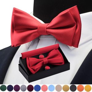 Kvalitet bowties för bröllopsmän fast färg Två lager Förbundet fluga och Pocket Square manschettknappar set med låda