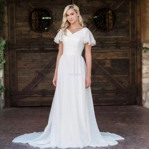 Charming A Line Chiffon Boho Modest Wedding Dresses With Flutter Sleeves V neck Buttons Back Informal Beach Bridal Gowns Bohemian Robes 2022