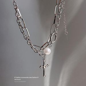 Chokers Trendy punk Pearl Chunky krzyżowy Warstwowy Naszyjnik dla kobiet mężczyzn Gruby srebrny metalowy łańcuch biżuterii