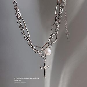 Girocolli Collana con pendente a strati incrociati grossi di perle punk alla moda per donna Uomo Catena di metallo argento spesso Gioielli hip-hop Girocolli