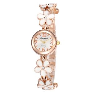 Нарученные часы дамы модные часы с полным металлическим дизайном лепесток розовый золото браслет молодые ювелирные часы Relogios femininos de pulsowristwatches