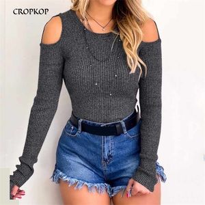 Sexy T shirt Women Autumn Knitted Long Sleeve Top Female Clothing Fashion Sexy Off The Shoulder Ladies Slim Tee Streetwear 210317