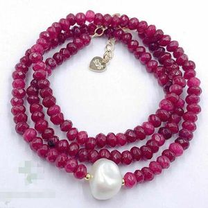 Fashion 2x4mm rosso rubino bianco barocco Collana perla 18 pollici