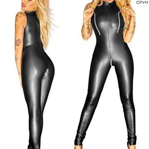 Kobiety Jumpsuits Rompers Motorcycle skórzany zamek błyskawiczny otwarte krocze kluby nocne tancerka Teddies Bodysuits Sexy Plus Size xxlwomen's