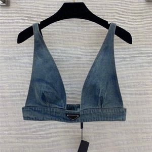 2023 Women's T-shirt Fashion Designer T-shirt Lingerie With Metal Badge Sexy Deep V Denim Halter Tube Top Women's Clothing