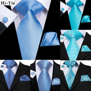 Hellblaues, solides Seiden-Hochzeitsnicktie für Männer, Hanky-Manschettenknopf-Krawatten-Set, Business-Party, Dropshipping, Neuheitsdesign