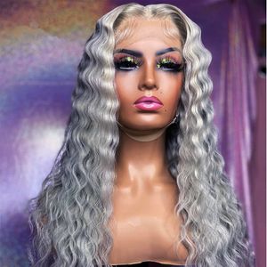 Long Grey Loose Deep Wave Wigs For Black Women Blond Blue Pink Colored Syntetic Pets Front Wigs Simulation Human Hair