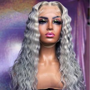 Long Gray Loose Deep Wave Wigs for Black Women Blonde/Blue/Pink Colored Synthetic Lace Front Wigs Simulation Human Hair