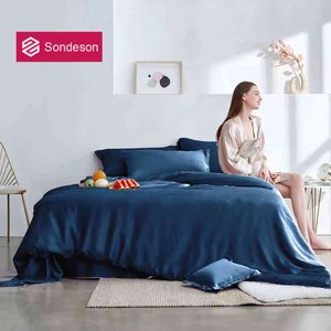 Sondeson Dark Blue 100% Silk Duvet Cover Pillow Case Bed Sheet Fitted Quilt Women Men Queen King Bedding Linens Set