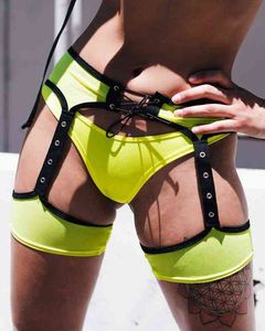 Fashion Sexy Shorts Garter Belt Patchwork Hollow-Out Tie-Up Open Crotch Garter Women's Sexy Lingerie High Thigh Bands Exotic Set Y220417