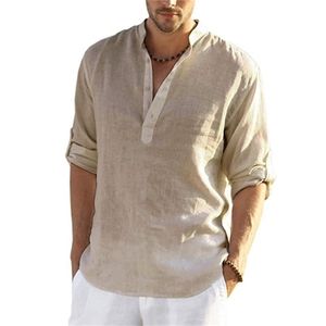 Summer Cotton Linen Men Shirts Casual Loose Long Sleeve Stand Collar Tops Blouse Solid Button V-Neck Male Shirts Tops 220812