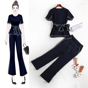 Tute da donna Summer Women Completi in due pezzi OL Chiffon Elegante blu navy Top manica corta Pantaloni alla caviglia Taglie forti 4XL 5XL