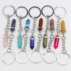 Hexagon prism reiki curando chaveiros de pedra natural chakra amethyst rosa rosa cristal an￩is keyrings homens j￳ias de homens