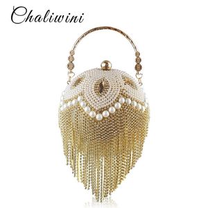 TASSEL Fashion Women Pearl Beaded Crystal Party Evening Bag Bridal Wedding Round Ball handledspåse Rund Koppling handväska handväska 201125