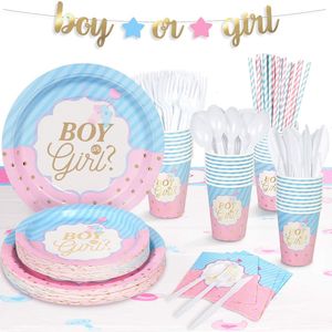 Rosa-blauer Junge oder Mädchen-Geschlecht offenbaren Babyparty-Party-Einweggeschirr-Set Pappteller Tassen Banner-Ballon-Dekoration 220811