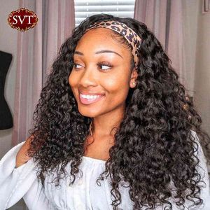 SVT Water Wave Curly Headband Human Hair Wigs For Black Women Full Machine Wig Natural Wavy Deep No Lace 220609